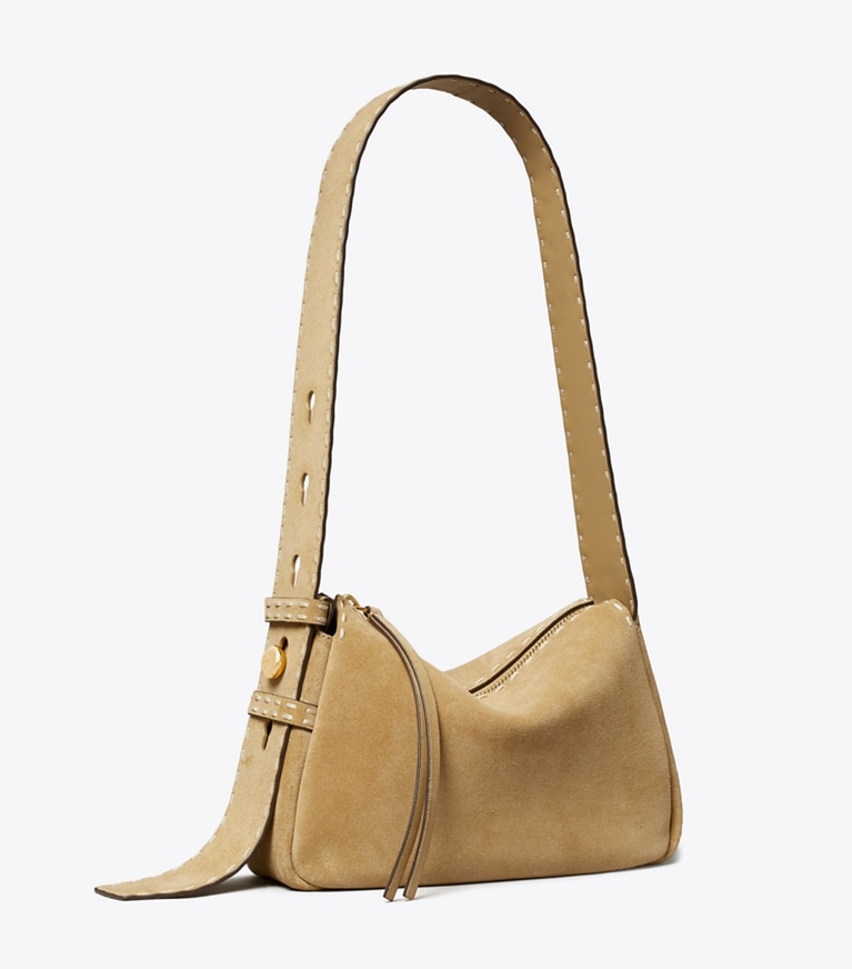 Tory Burch designer sacs porté épaule Petit sac porté épaule Romy en daim à coutures apparentes in Butter angle