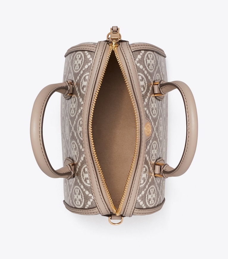 Tory Burch designer crossbody bags Petite Barrel Bag aus beschichtetem Jacquard mit T-Monogramm in Charcoal von oben