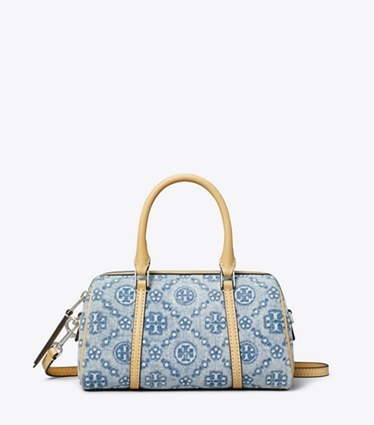 Tory Burch designer crossbody bags Petite Barrel Bag aus Denim mit T-Monogramm in Powder Blue front