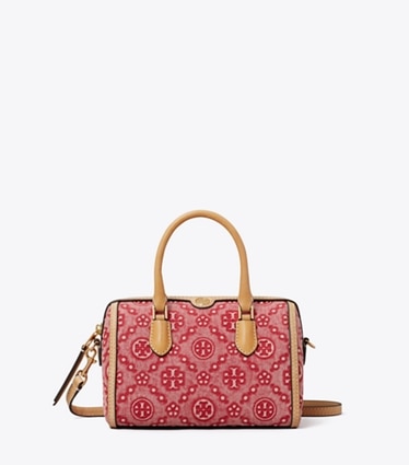 Tory Burch designer crossbody bags Petite Barrel Bag aus Denim mit T-Monogramm in Brilliant Red front