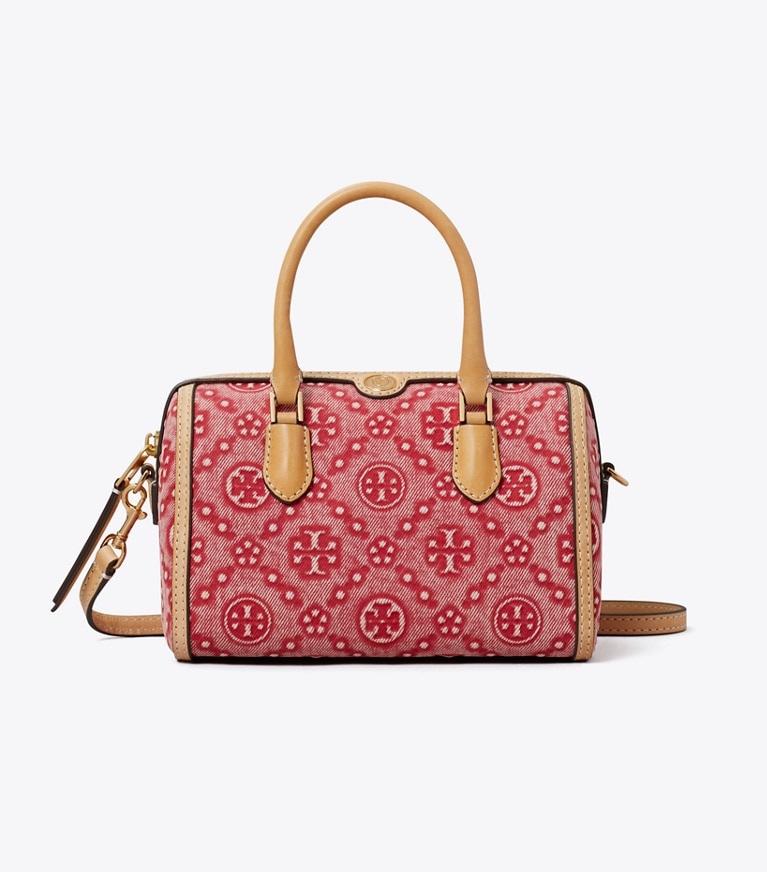 Tory Burch designer crossbody bags Petite Barrel Bag aus Denim mit T-Monogramm in Brilliant Red front