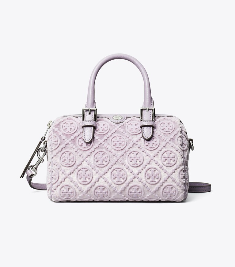 Tory Burch designer crossbody bags Petite Barrel Bag mit T-Monogramm aus Fil-Coupé in Lilac angle