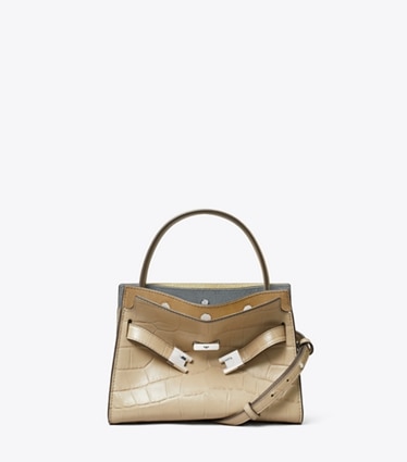 Tory Burch designer borse a spalla Petite Double Bag Lee Radziwill con rilievo a coccodrillo in Ginger Leaf front