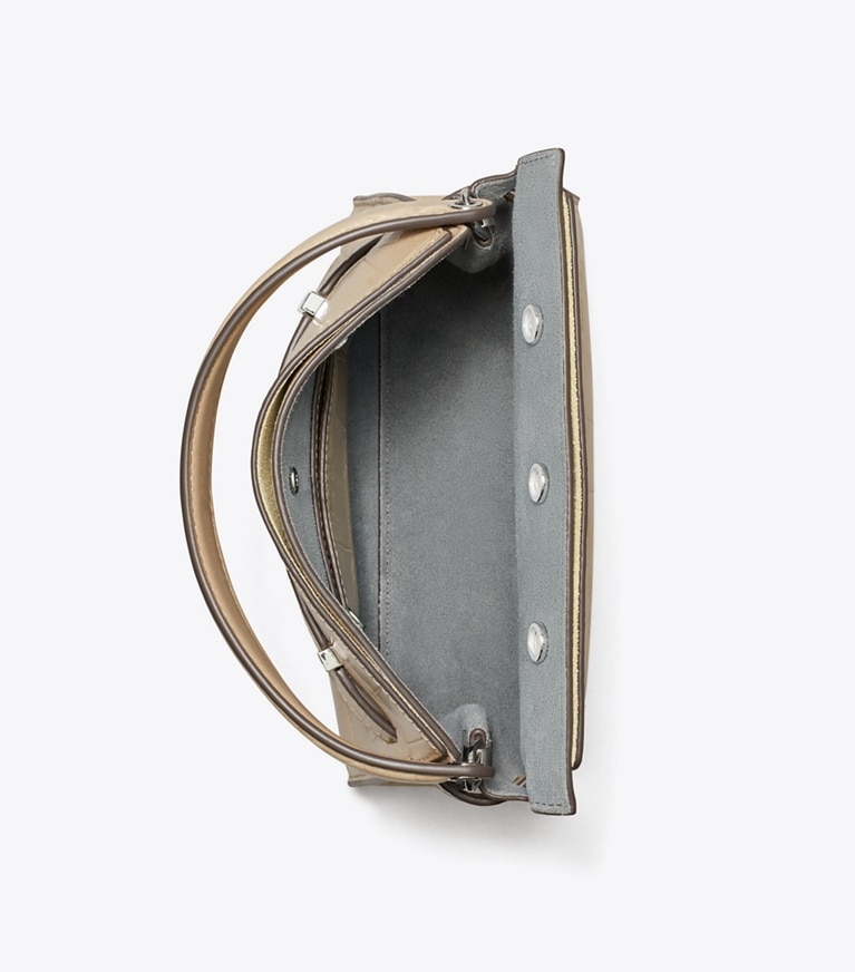 Tory Burch designer borse a spalla Petite Double Bag Lee Radziwill con rilievo a coccodrillo in Ginger Leaf superiore