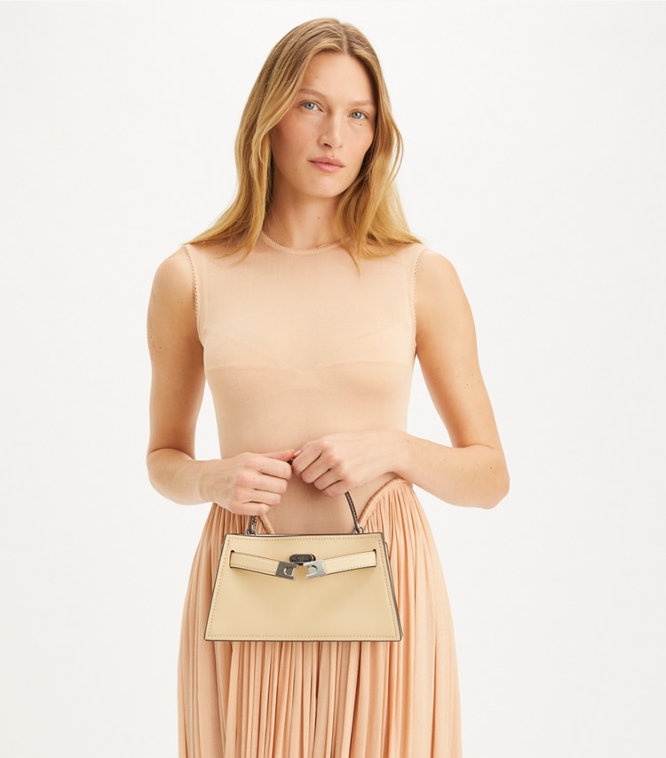 Tory Burch designer mini bags Petite Lee Radziwill Bag in Praline additional on model