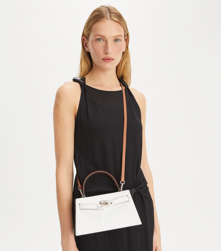 Tory Burch designer mini bags Petite Lee Radziwill Croc-Embossed Bag in Blanc accessory on model
