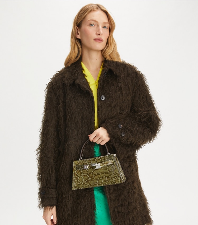 Tory Burch designer mini bags Petite Lee Radziwill Croc-Embossed Bag in Soft Ivy additional on model