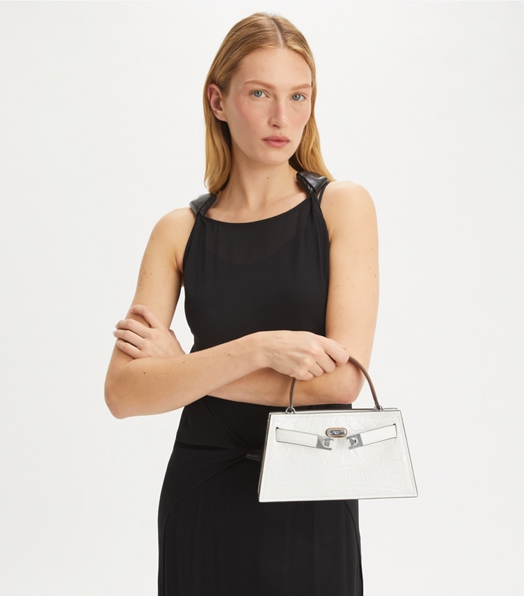 Tory Burch designer mini bags Petite Lee Radziwill Croc-Embossed Bag in Blanc additional on model