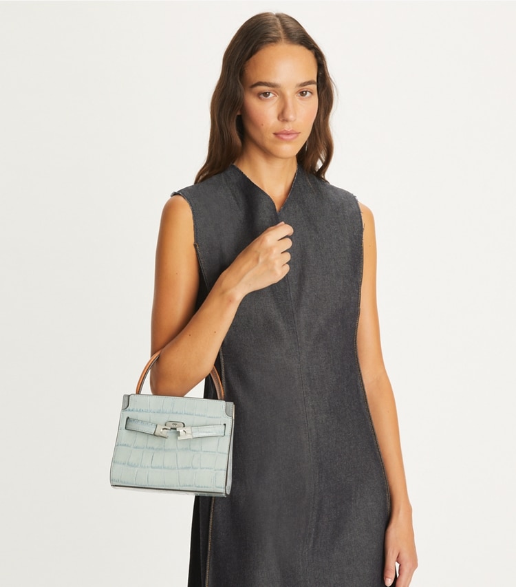 Tory Burch designer crossbody bags Petite Lee Radziwill Croc-Embossed Double Bag in Blue Celadon additional on model