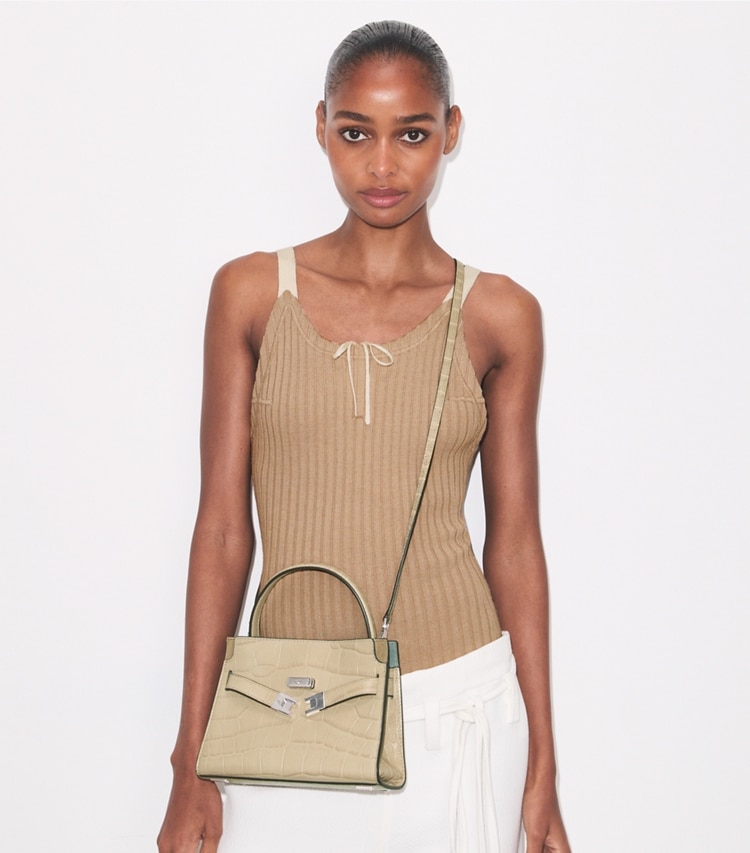 Tory Burch designer crossbody bags Petite Lee Radziwill Croc-Embossed Double Bag in Ginger Leaf additional on model