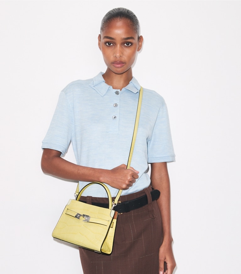 Tory Burch designer crossbody bags Petite Lee Radziwill Croc-Embossed Double Bag in Yellow Sky additional on model