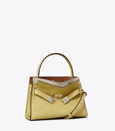 Tory Burch designer crossbody bags Petite Lee Radziwill Croc-Embossed Double Bag in Yellow Sky angle
