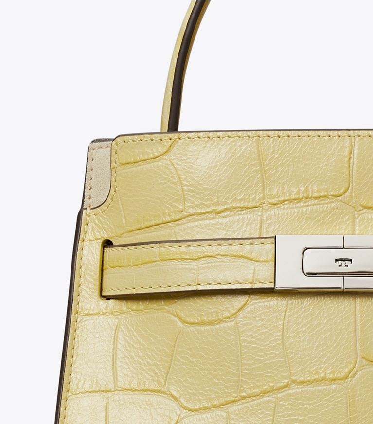 Tory Burch designer crossbody bags Petite Lee Radziwill Croc-Embossed Double Bag in Yellow Sky detail