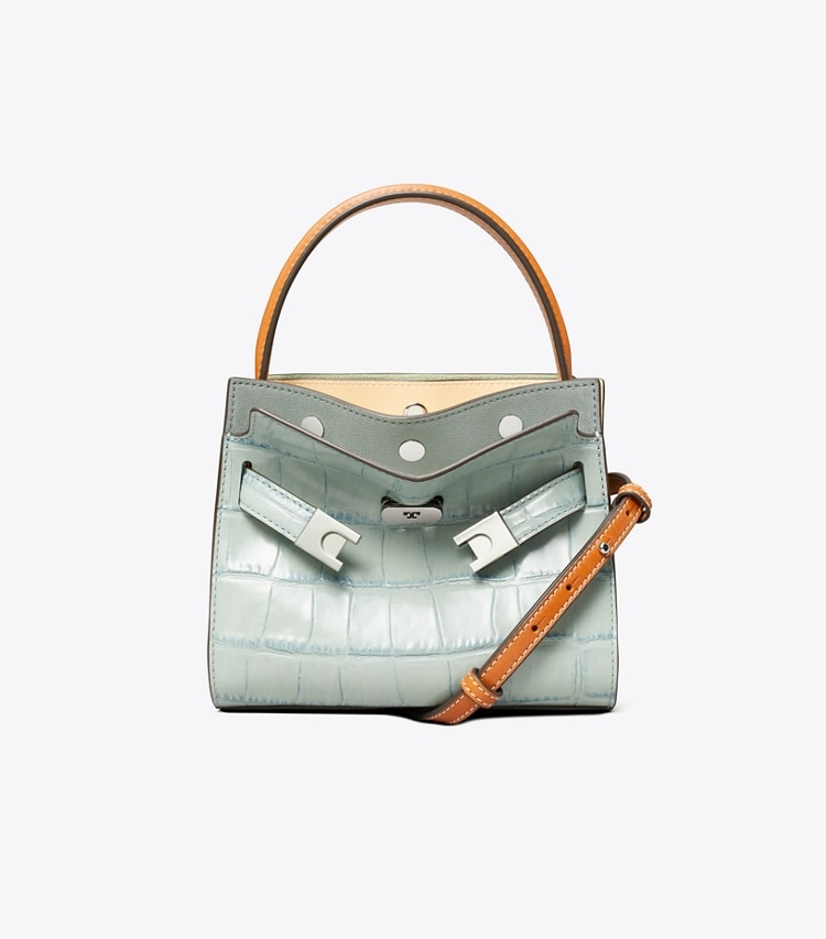 Tory Burch designer crossbody bags Petite Lee Radziwill Croc-Embossed Double Bag in Blue Celadon front