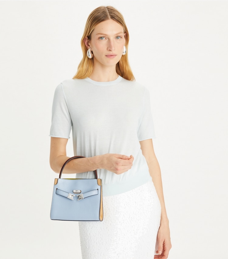 Tory Burch designer crossbody bags Petite Lee Radziwill Double Bag in Blue Mist accessory on model