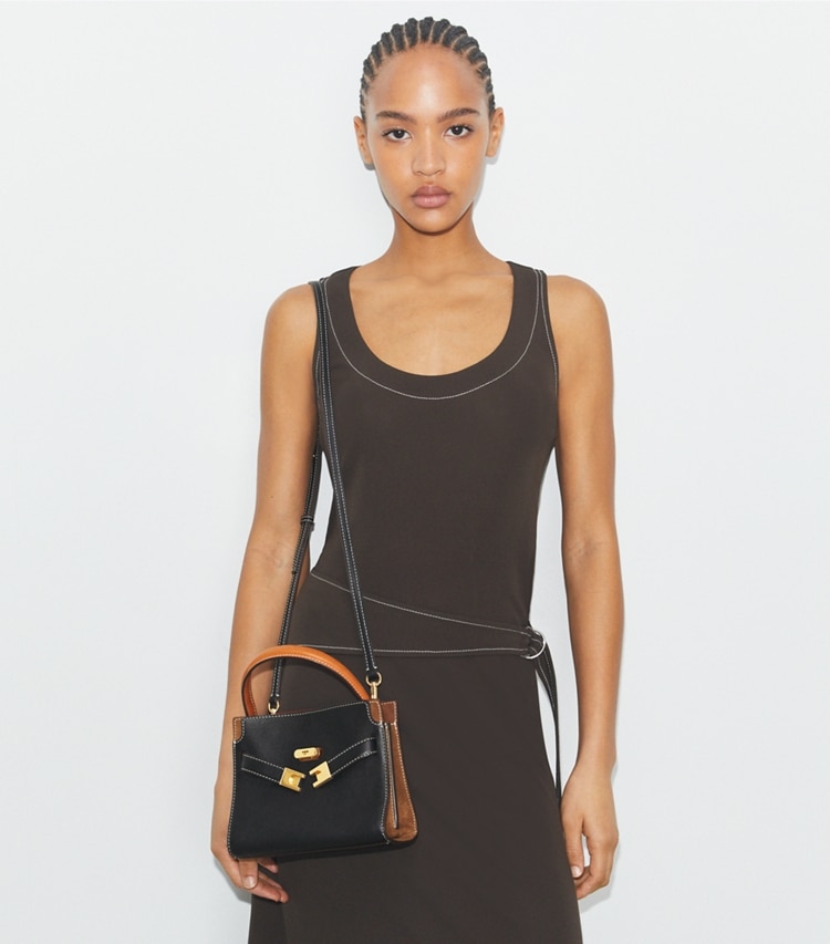 Tory Burch designer crossbody bags Petite Lee Radziwill Double Bag in Black accessory on model