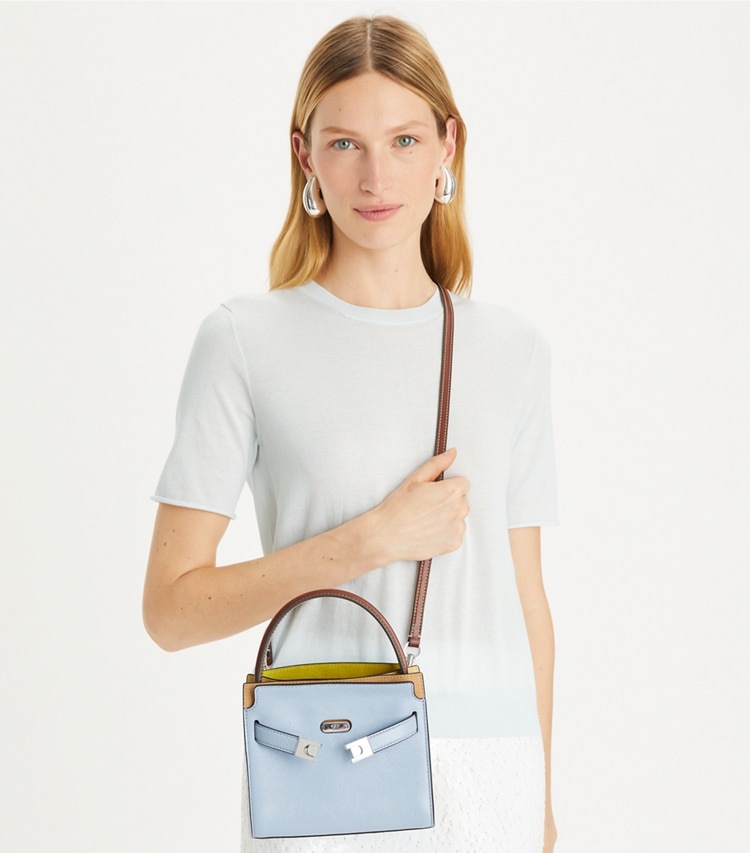 Tory Burch designer crossbody bags Petite Lee Radziwill Double Bag in Blue Mist additional on model