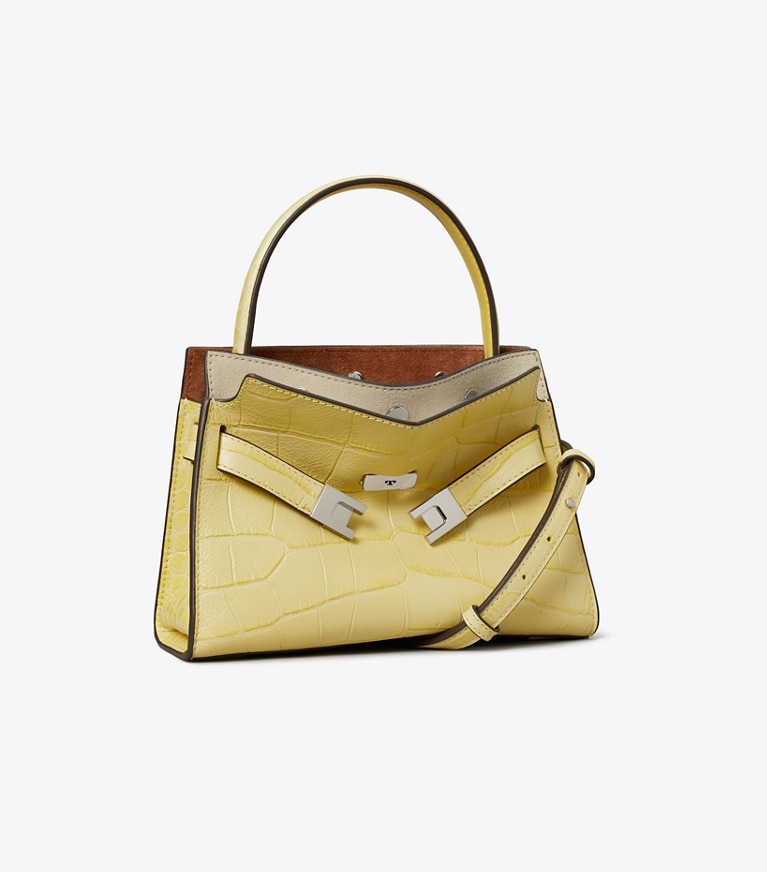 Tory Burch designer crossbody bags Petite Lee Radziwill Double Bag mit Krokoprägung in Yellow Sky angle