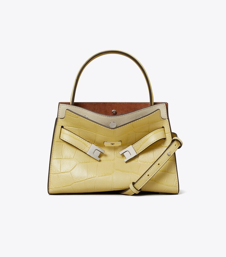 Tory Burch designer crossbody bags Petite Lee Radziwill Double Bag mit Krokoprägung in Yellow Sky front