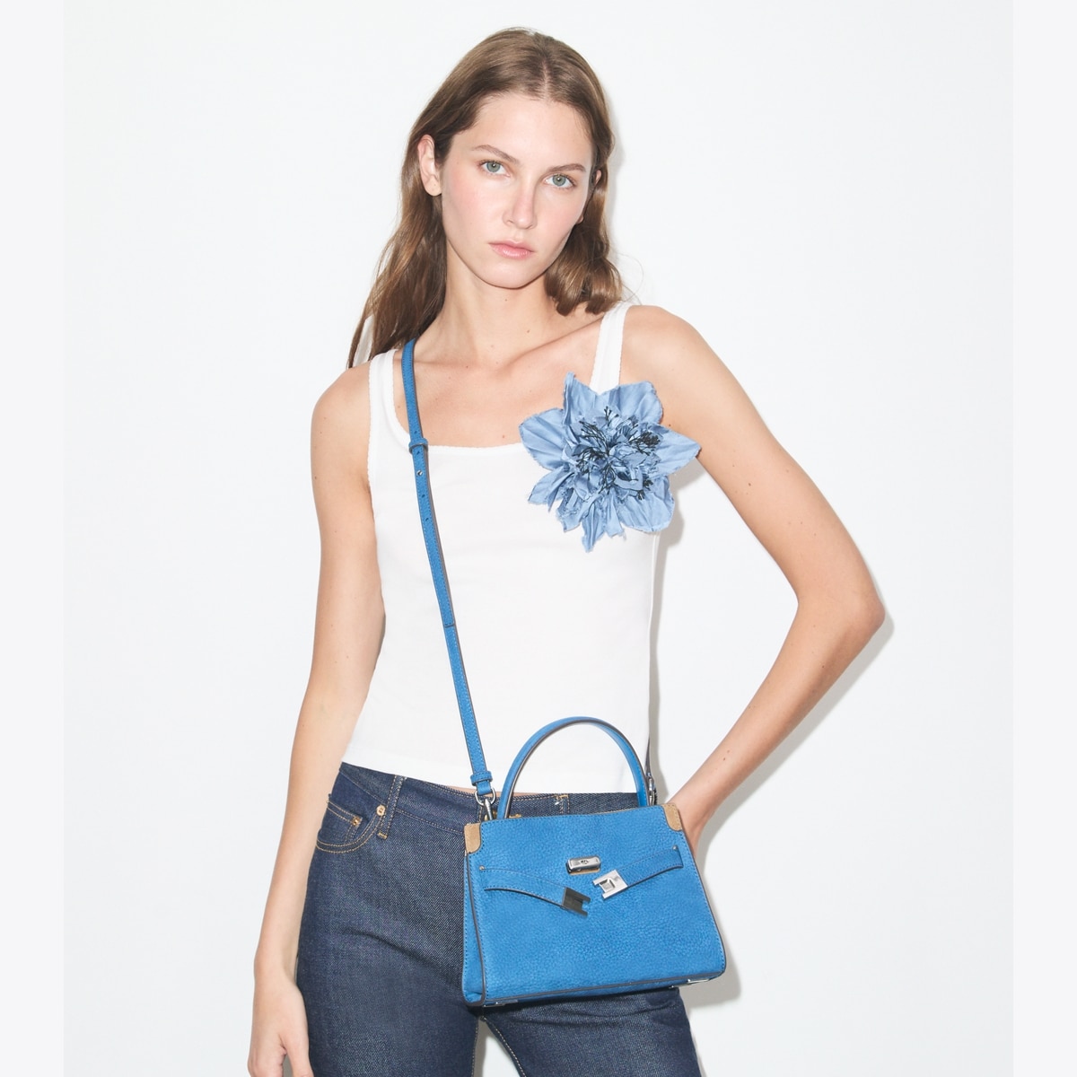 Tory Burch ショルダーバッグ ターコイズブルー Petite Lee Radziwill Nubuck Double Bag: Women's Handbags