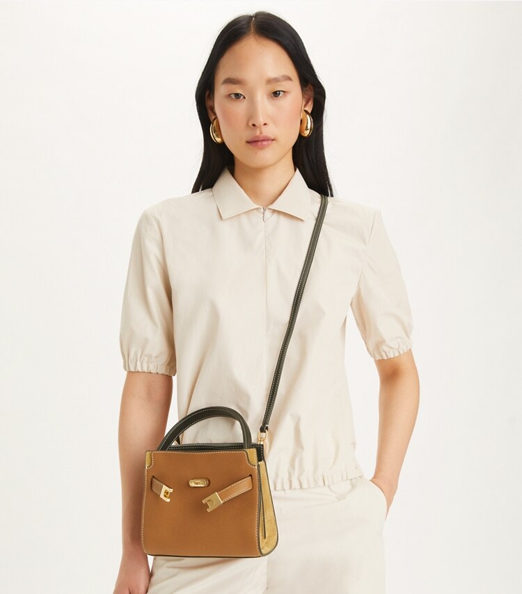 Tory Burch designer クロスボディバッグ リー ラジウィル ペブルド プチ ダブルバッグ in Tiger's Eye additional on model
