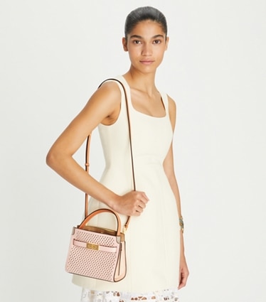 Tory Burch designer crossbody bags Petite Lee Radziwill Perforated Double Bag in Tuscan Blush front