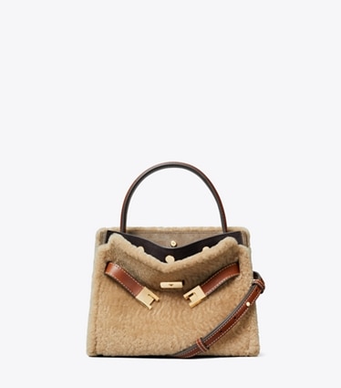 Tory Burch designer crossbody bags Petite Lee Radziwill Shearling Double Bag in Teddy front