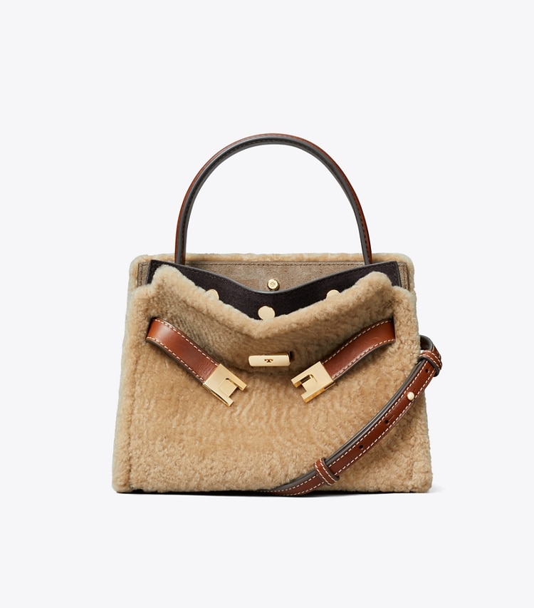 Tory Burch designer crossbody bags Petite Lee Radziwill Shearling Double Bag in Teddy front