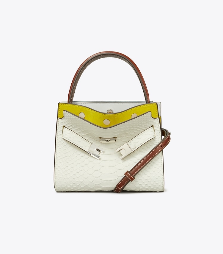 Tory Burch designer crossbody bags Petite Lee Radziwill Snake Embossed Double Bag in Blanc front