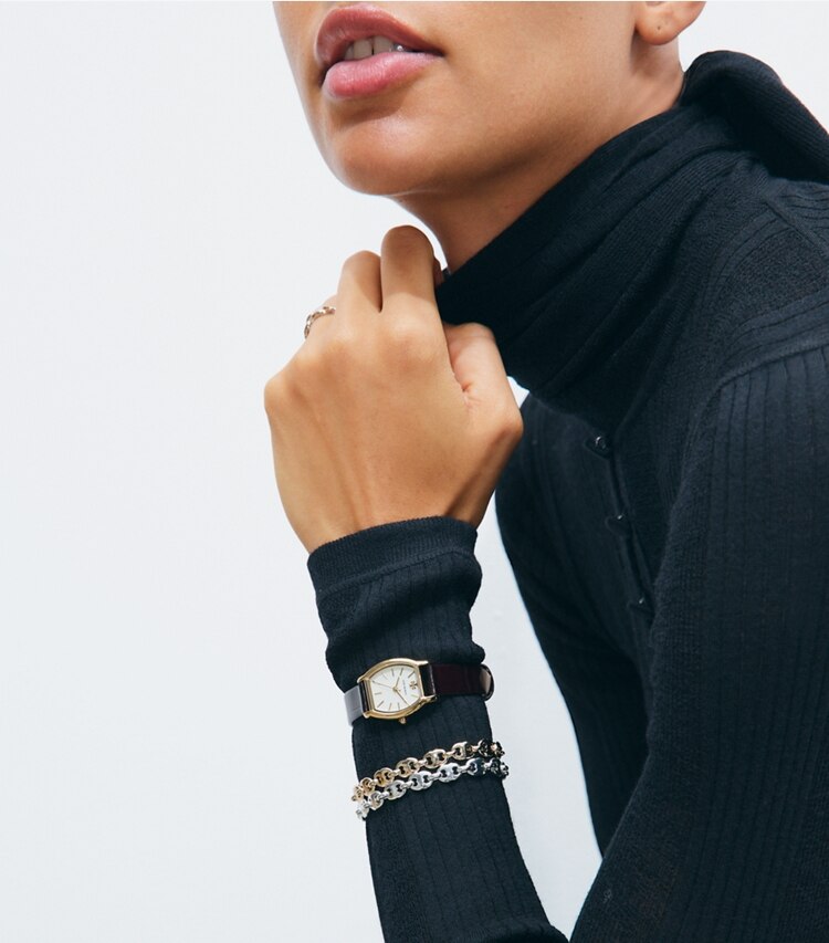 Tory Burch designer montres bracelet Petite montre Eleanor Curve dans IVORY/GOLD/BLACK CROC accessoire sur le modèle
