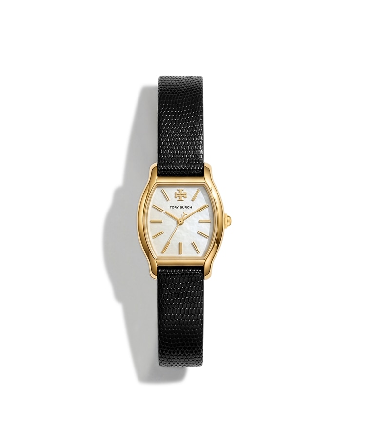 Tory Burch designer montres bracelet Petite montre Eleanor Curve dans MOTHER-OF-PEARL/GOLD/BLACK LIZARD supplémentaire