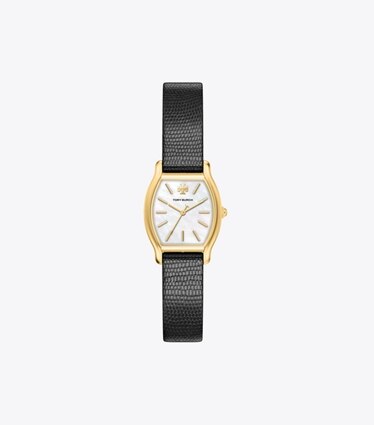 Tory Burch designer montres bracelet Petite montre Eleanor Curve dans MOTHER-OF-PEARL/GOLD/BLACK LIZARD de face