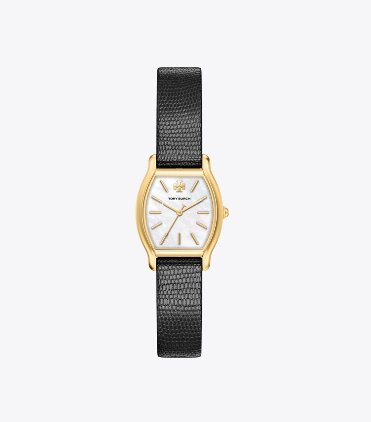 Tory Burch designer montres bracelet Petite montre Eleanor Curve dans MOTHER-OF-PEARL/GOLD/BLACK LIZARD de face