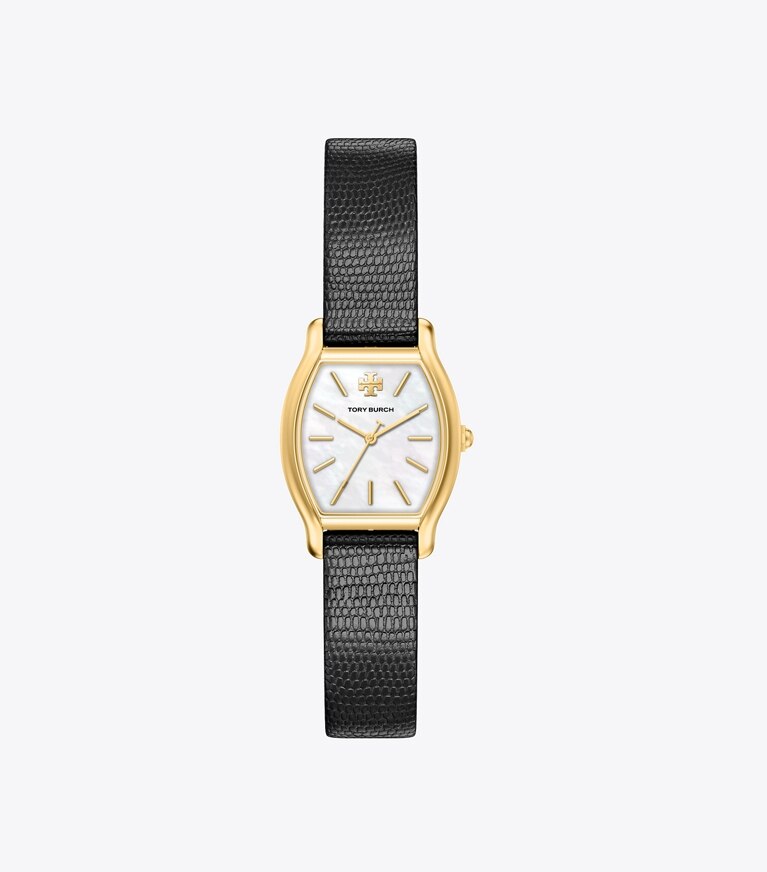 Tory Burch designer montres bracelet Petite montre Eleanor Curve dans MOTHER-OF-PEARL/GOLD/BLACK LIZARD de face