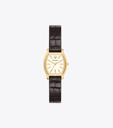 Tory Burch designer montres bracelet Petite montre Eleanor Curve dans IVORY / GOLD / BROWN CROC de face