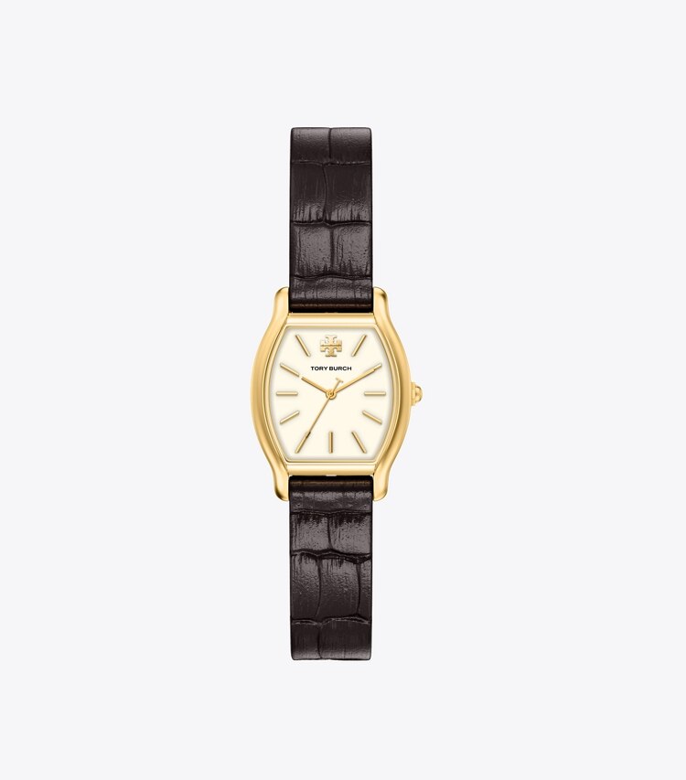 Tory Burch designer montres bracelet Petite montre Eleanor Curve dans IVORY/GOLD/BLACK CROC de face
