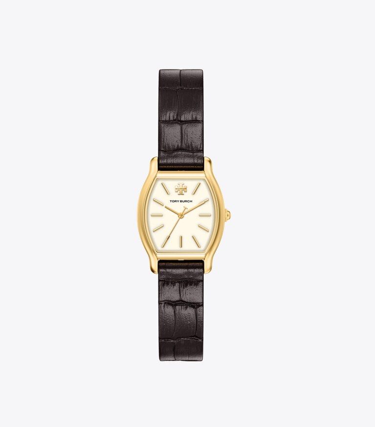 Tory Burch designer montres bracelet Petite montre Eleanor Curve dans IVORY/GOLD/BLACK CROC de face