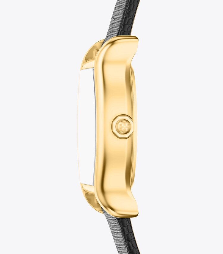 Tory Burch designer montres bracelet Petite montre Eleanor Curve dans MOTHER-OF-PEARL/GOLD/BLACK LIZARD de côté