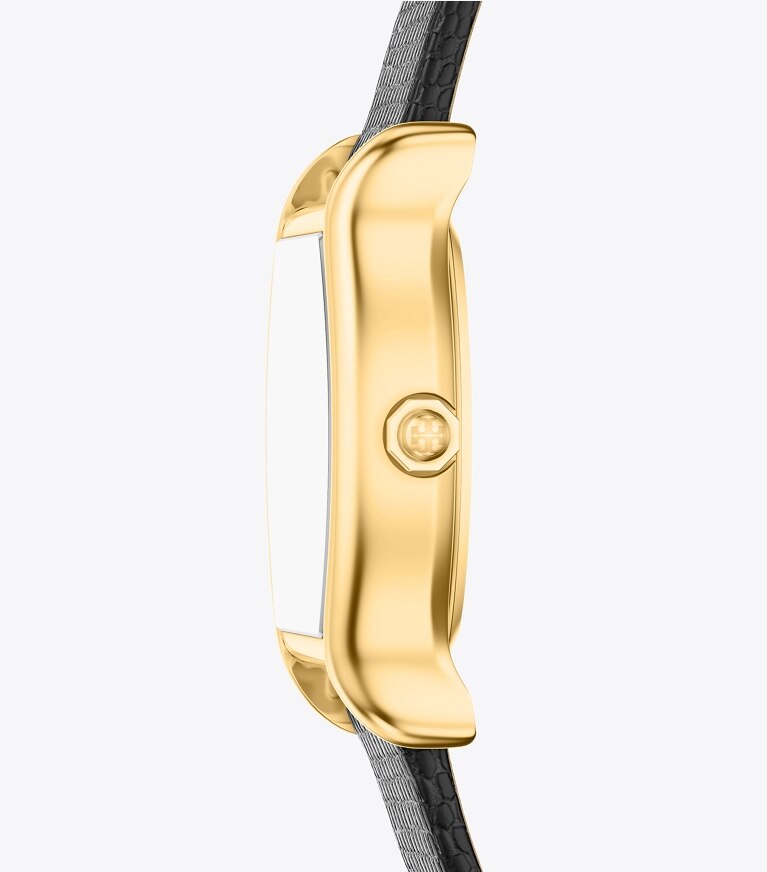 Tory Burch designer montres bracelet Petite montre Eleanor Curve dans MOTHER-OF-PEARL/GOLD/BLACK LIZARD de côté