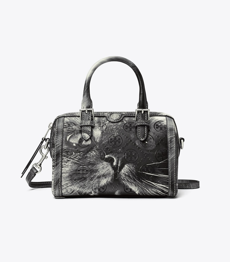 Tory Burch designer クロスボディバッグ Tモノグラム キャットプリント プチバレルバッグ in Gray CAT PORTRAIT front