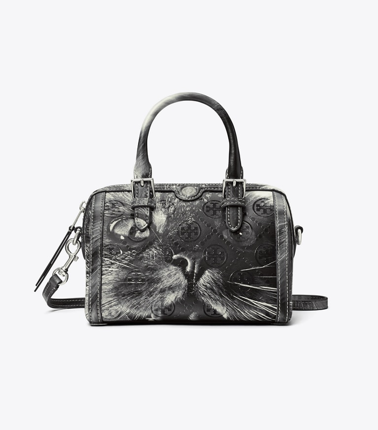 Tory Burch designer クロスボディバッグ Tモノグラム キャットプリント プチバレルバッグ in Gray CAT PORTRAIT angle