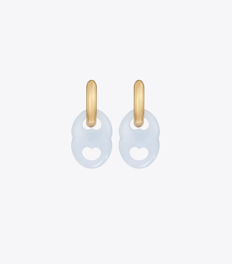 Tory Burch designer boucles d'oreilles Petites anneaux d’oreilles à maillon Gémeaux dans Ligh Brass / Light Blue détails