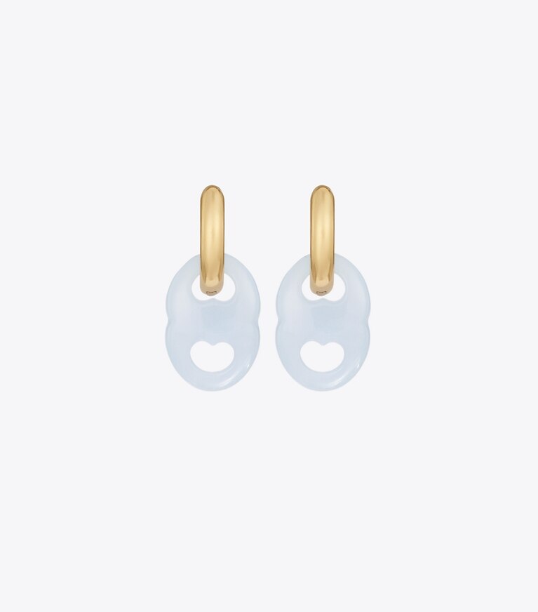 Tory Burch designer boucles d'oreilles Petites anneaux d’oreilles à maillon Gémeaux dans Ligh Brass / Light Blue détails