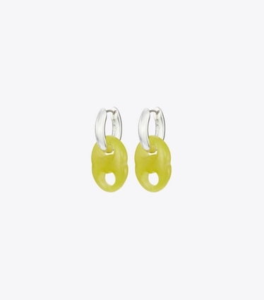 Tory Burch designer boucles d'oreilles Petites anneaux d’oreilles à maillon Gémeaux dans Light Silver / Green de face