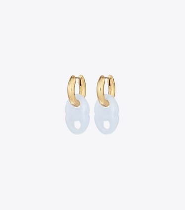 Tory Burch designer boucles d'oreilles Petites anneaux d’oreilles à maillon Gémeaux dans Ligh Brass / Light Blue de face