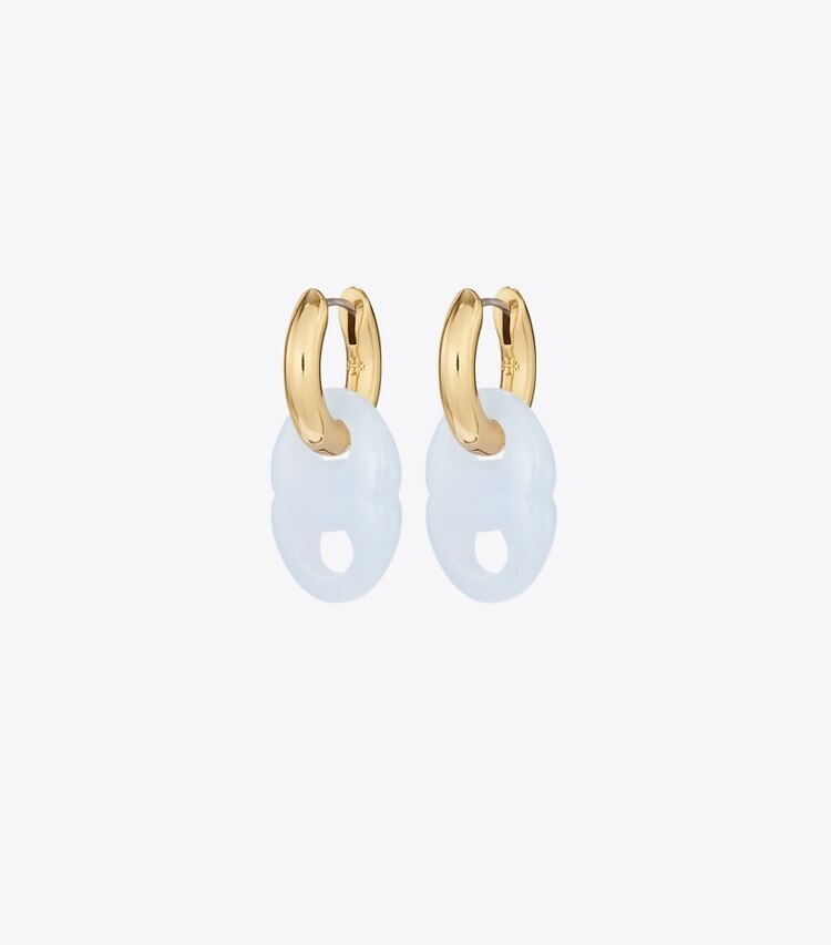 Tory Burch designer boucles d'oreilles Petites anneaux d’oreilles à maillon Gémeaux dans Ligh Brass / Light Blue de face