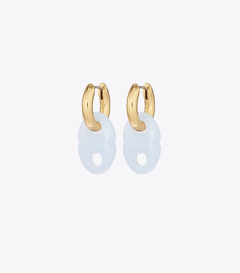 Tory Burch designer boucles d'oreilles Petites anneaux d’oreilles à maillon Gémeaux dans Ligh Brass / Light Blue de face