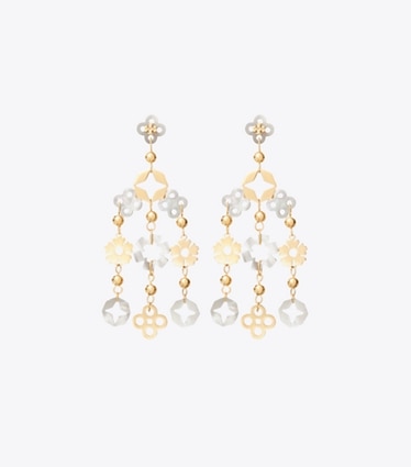 Tory Burch designer boucles d'oreilles Petites boucles d’oreilles chandelier Myosotis dans Tory Gold / Mother of Pearl de face