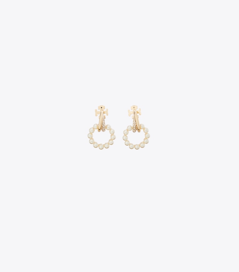 Tory Burch designer boucles d'oreilles Petites boucles d’oreilles pendantes Moondance à anneaux et perles dans Tory Gold / Cream / Crystal de face