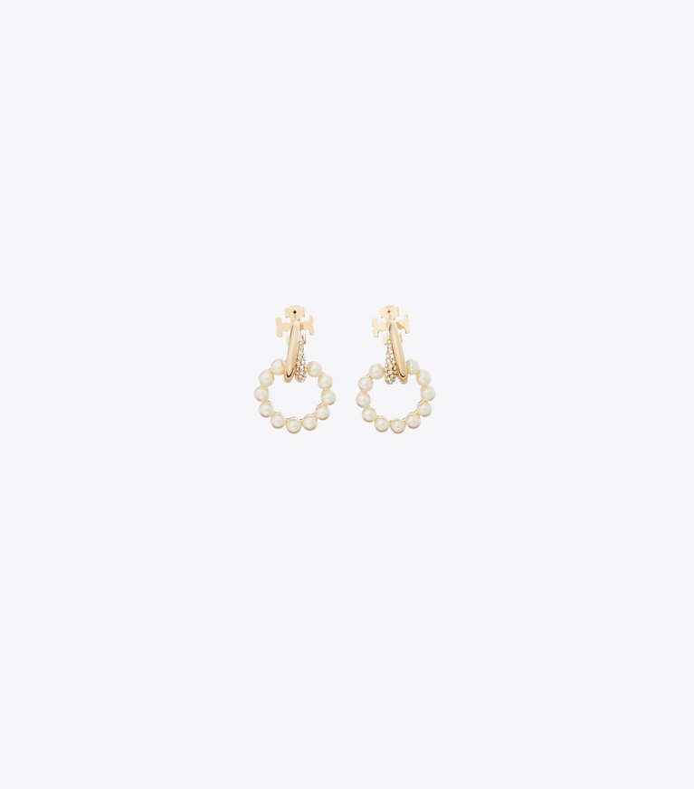 Tory Burch designer boucles d'oreilles Petites boucles d’oreilles pendantes Moondance perles in Tory Gold / Cream / Crystal front